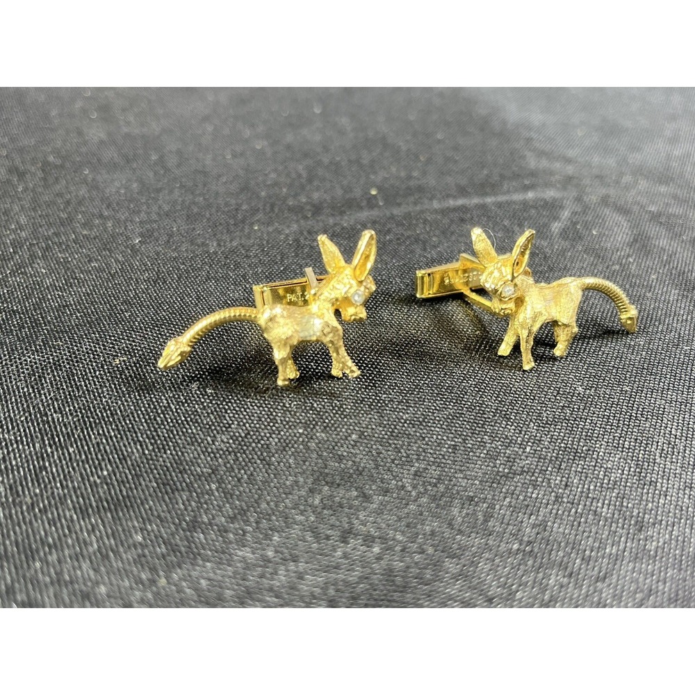 Vintage Democratic Donkey Cufflinks Set Gold Tone CZ Eyes PAT.‎ 2920363